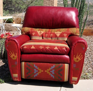 photo of newest recliner style in dark red, leather with fabric accents